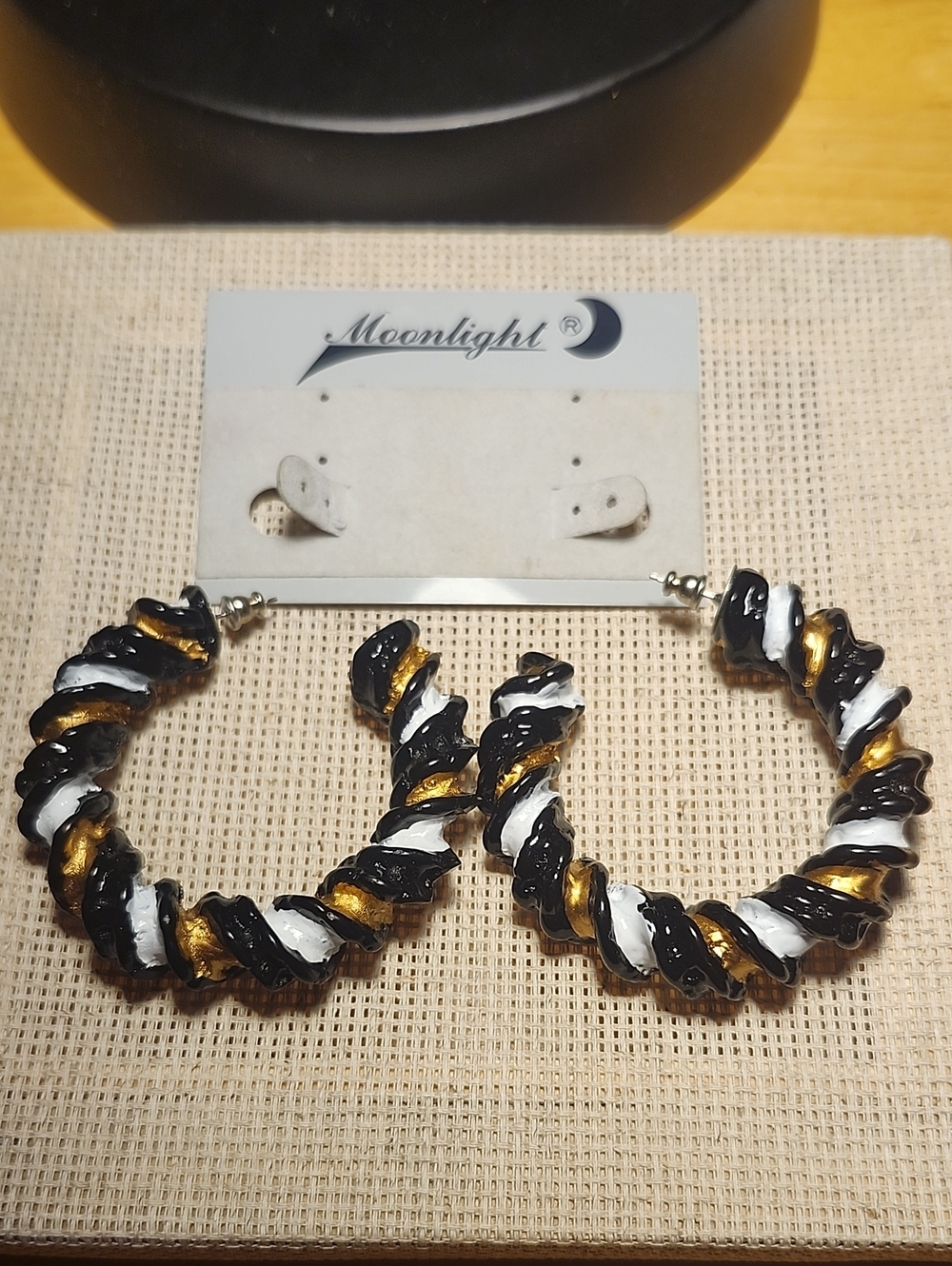 Vintage Moonlight Tricolor Twisted Hoop Earrings Black White Gold Retro 80s